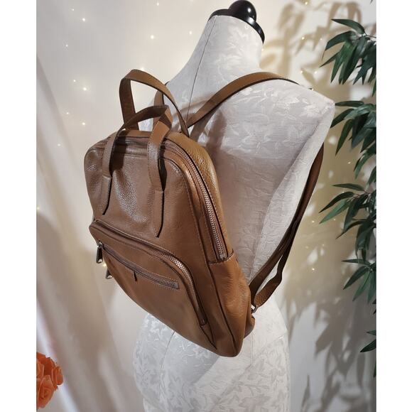 Fossil Riley Pebbled Leather Backpack Purse Medium Camel Tan Double Strap Bag - Picture 3 of 16
